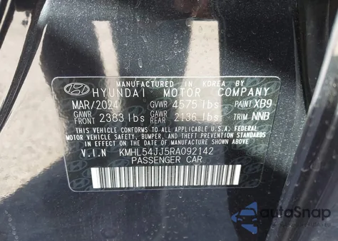 2024 Hyundai Sonata Hybrid Limited from USA, damaged, VIN KMHL54JJ5RA092142